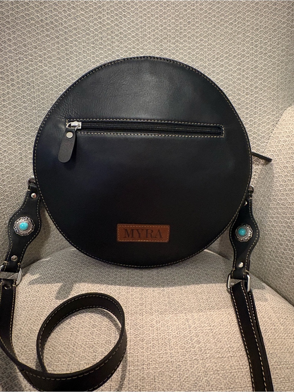 Myra Turquoise and black Floral Tooled Round Crossbody Leather bag - Picture 3 of 9